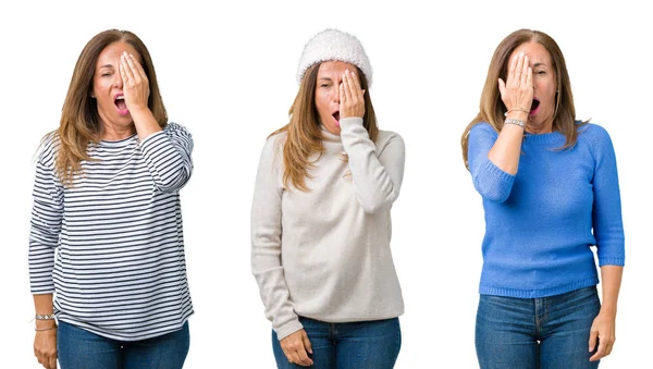 Collage Bella Donna Mezza Età Sfondo Isolato Sbadigliare Stanco Coprendo — Foto Stock