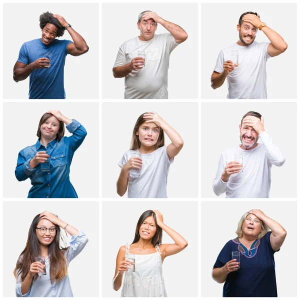 Collage Grupo Personas Bebiendo Vaso Agua Sobre Fondo Aislado Estresado — Foto de Stock