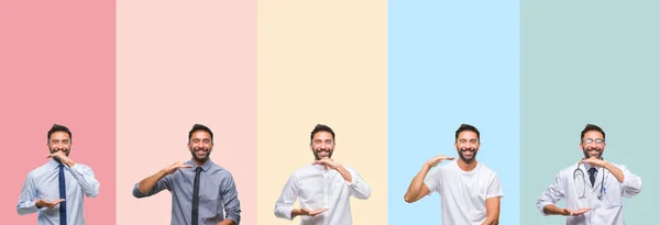 Collage Handsome Man Colorful Stripes Isolated Background Gesturing Hands Showing — Foto Stock