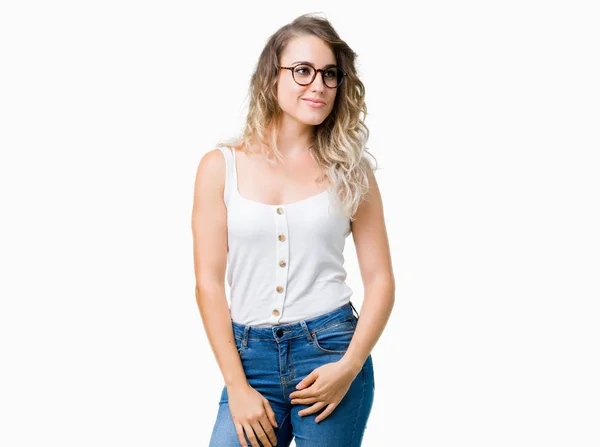 Vacker Ung Blond Kvinna Bär Glasögon Över Isolerade Bakgrunden Tittar — Stockfoto