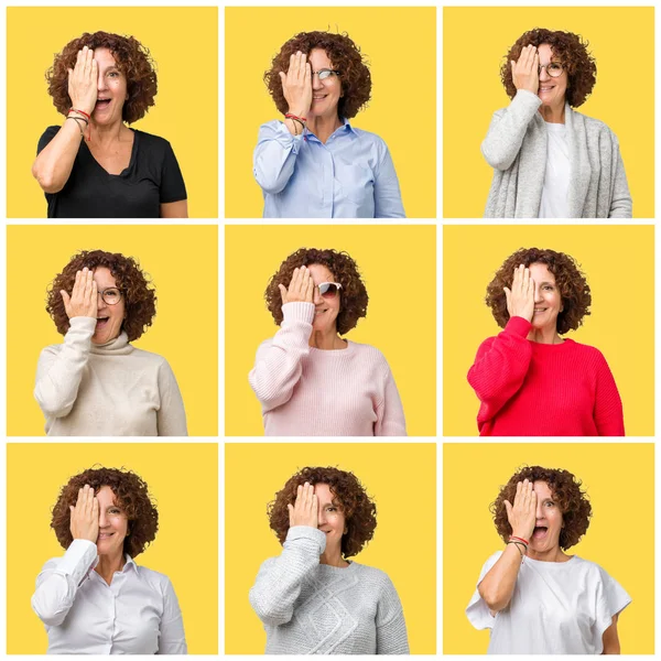 Collage Van Senior Vrouw Van Middelbare Leeftijd Gele Geïsoleerde Achtergrond — Stockfoto