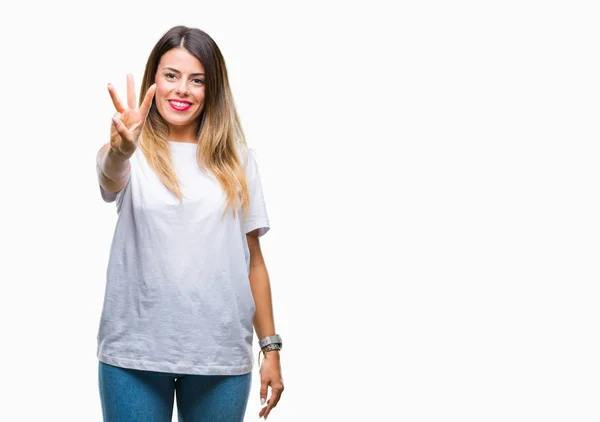 Joven Hermosa Mujer Casual Camiseta Blanca Sobre Fondo Aislado Mostrando —  Fotos de Stock