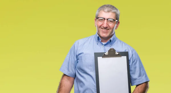 Handsome Senior Inspector Man Holding Clipboard Isolated Background Happy Face — Stock Photo, Image