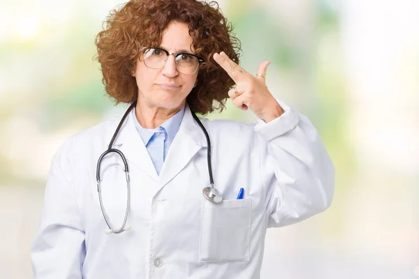 Middle Ager Senior Doctor Woman Isolated Background Shooting Killing Oneself — Stock Photo, Image
