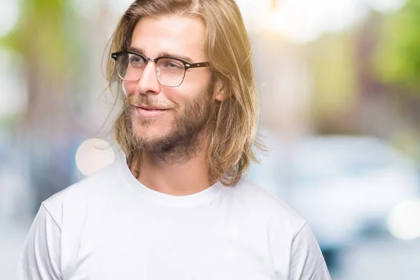 Young Handsome Man Long Hair Wearing Glasses Isolated Background Smiling — Stock Photo, Image