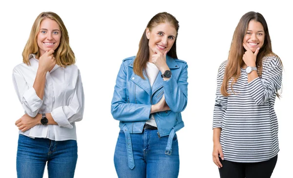 Collage Grupo Tres Hermosas Mujeres Sobre Fondo Blanco Aislado Mirando — Foto de Stock