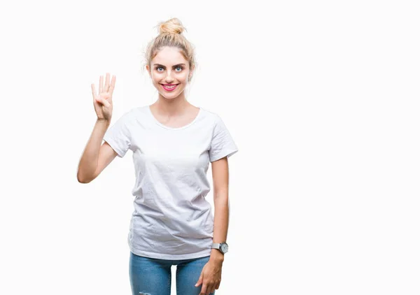 Joven Hermosa Mujer Rubia Con Camiseta Blanca Sobre Fondo Aislado —  Fotos de Stock