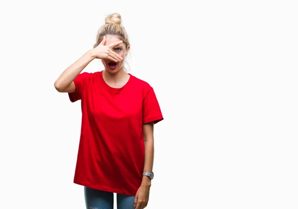 Giovane Bella Donna Bionda Che Indossa Shirt Rossa Occhiali Sfondo — Foto Stock