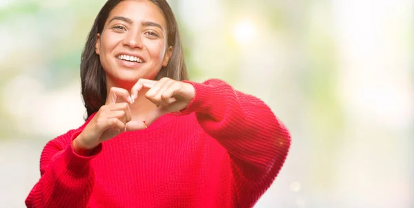 Giovane Bella Donna Araba Indossa Maglione Invernale Sfondo Isolato Sorridente — Foto Stock