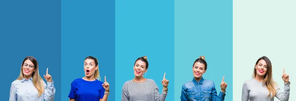 Collage Von Jungen Schönen Frau Über Blauen Streifen Isolierten Hintergrund — Stockfoto