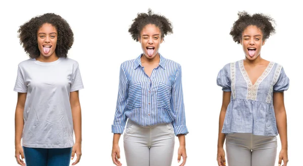 非洲裔美国妇女的拼贴在孤立的背景伸出舌头出来的有趣的表达高兴 情感概念 — 图库照片