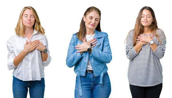 Kolaj bir grup ile gülümseyen izole beyaz zemin üzerinde üç güzel kadınların göğüs kapalı gözler ve yüzünde minnettar jest ile eller. Sağlık kavramı.