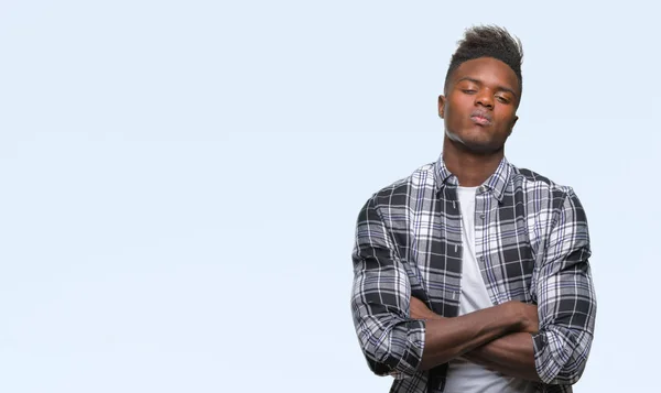 Hombre Afroamericano Joven Sobre Fondo Aislado Escéptico Nervioso Desaprobando Expresión — Foto de Stock