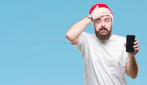 Joven Hombre Caucásico Con Sombrero Navidad Que Muestra Pantalla Del — Foto de Stock