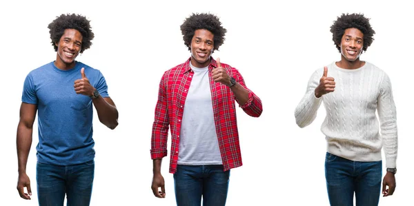 Colagem Afro Americano Jovem Bonito Sobre Fundo Isolado Fazendo Polegares — Fotografia de Stock