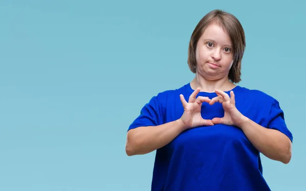 Mulher Adulta Jovem Com Síndrome Sobre Fundo Isolado Sorrindo Amor — Fotografia de Stock