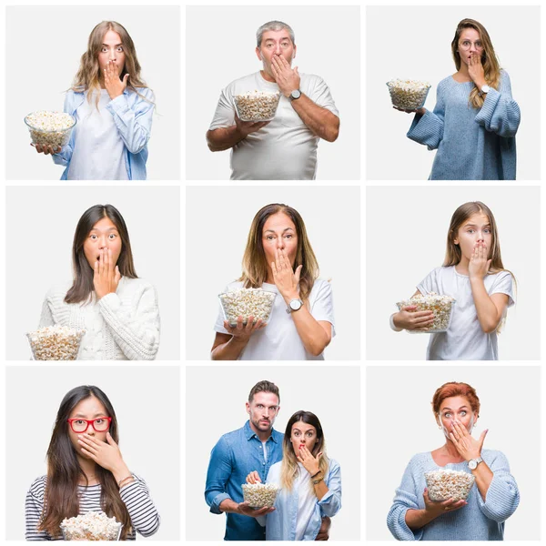 Collage Gruppo Persone Che Mangiano Popcorn Sfondo Isolato Coprire Bocca — Foto Stock