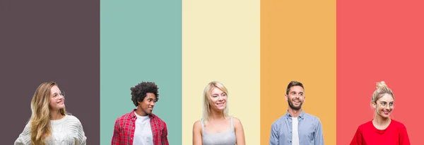 Коллаж Группы Молодых Людей Красочном Винтажном Изолированном Фоне Глядя Сторону — стоковое фото