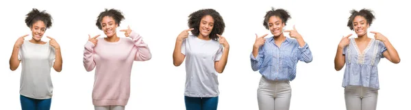 Colagem Mulher Afro Americana Sobre Fundo Isolado Sorrindo Confiante Mostrando — Fotografia de Stock