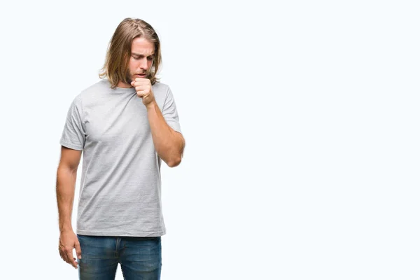 Young Handsome Man Long Hair Isolated Background Feeling Unwell Coughing — Stock Photo, Image