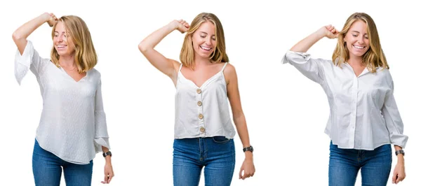 Collage Vacker Blond Kvinna Över Vita Isolerat Bakgrunden Dansar Lycklig — Stockfoto