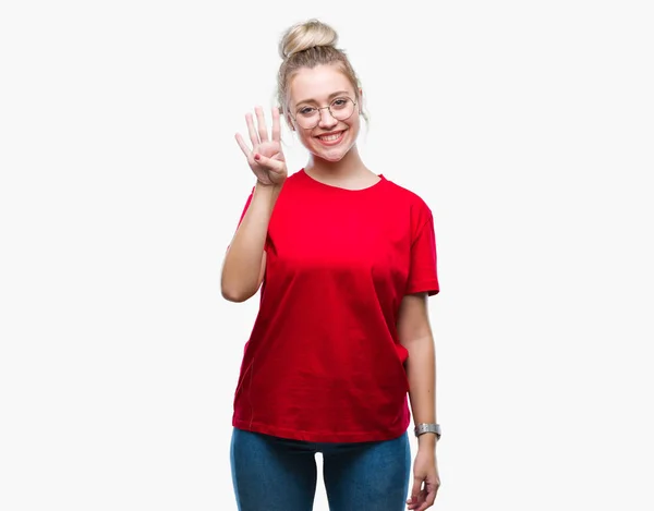 Mladá Blond Žena Nosí Brýle Izolované Pozadí Zobrazení Ukázal Prsty — Stock fotografie