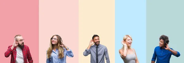 Colagem Diferentes Etnias Jovens Sobre Listras Coloridas Fundo Isolado Sorrindo — Fotografia de Stock