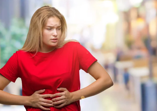 以上の若い白人女性の胃に手でバック グラウンドを分離は ので消化不良 気分が悪く痛みを伴う病気 痛みの概念 — ストック写真