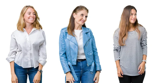 Collage Groupe Trois Belles Femmes Sur Fond Blanc Isolé Regardant — Photo