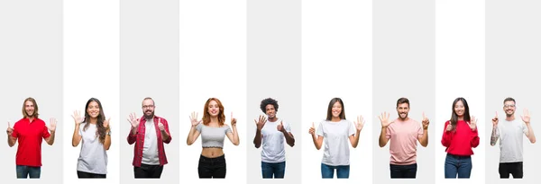 不同的种族年轻人拼贴在白色条纹隔离的背景显示和指向用手指数字六 同时微笑着自信和快乐 — 图库照片