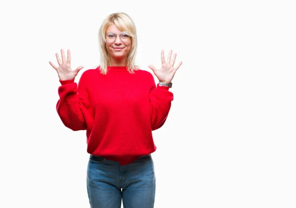 Joven Hermosa Mujer Rubia Con Suéter Gafas Sobre Fondo Aislado —  Fotos de Stock