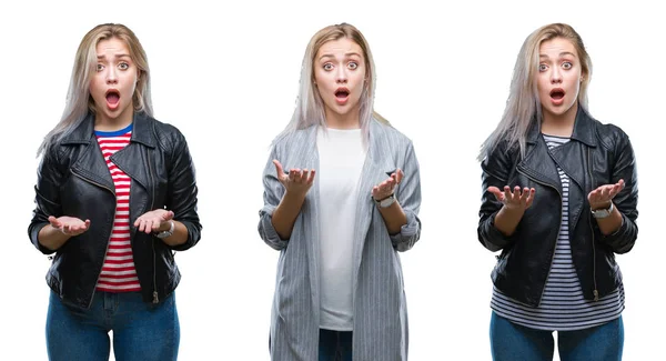 Collage Beautiful Blonde Young Woman Wearing Jacket Isolated Background Afraid — Stock Photo, Image