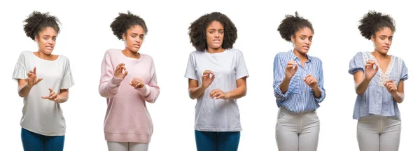 非裔美国妇女的拼贴画在孤立的背景下反感表达 不高兴和害怕做厌恶的脸 因为反感反应 恼人的概念 — 图库照片