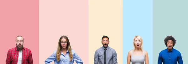 Collage Diferentes Etnias Jóvenes Sobre Rayas Coloridas Fondo Aislado Miedo —  Fotos de Stock