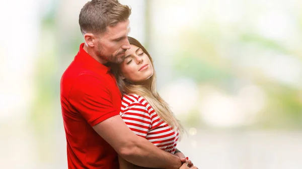 Young Couple Love Isolated Background Looking Side Relax Profile Pose — Stock Photo, Image