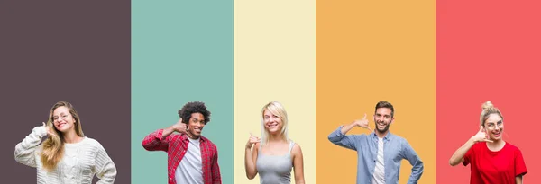 Collage Einer Gruppe Junger Leute Vor Buntem Isoliertem Hintergrund Die — Stockfoto