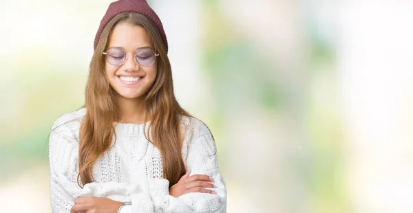 Jovem Bela Morena Hipster Mulher Usando Óculos Sol Sobre Fundo — Fotografia de Stock