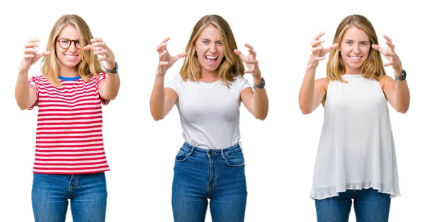 Collage Beautiful Blonde Woman White Isolated Background Shouting Frustrated Rage — Stock Photo, Image
