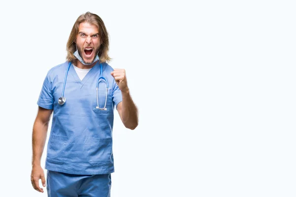 Young Handsome Doctor Man Long Hair Isolated Background Angry Mad — Stock Photo, Image