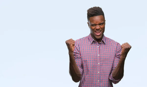 Hombre Afroamericano Joven Sobre Fondo Aislado Muy Feliz Emocionado Haciendo —  Fotos de Stock