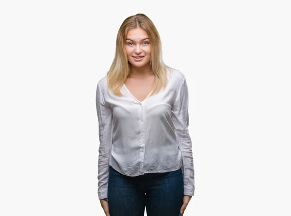 Young Caucasian Woman Isolated Background Happy Cool Smile Face Lucky — Stock Photo, Image