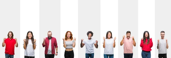 Collage Diferentes Etnias Jóvenes Sobre Rayas Blancas Fondo Aislado Emocionado — Foto de Stock