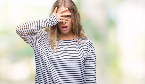 Beautiful Young Blonde Woman Wearing Stripes Sweater Isolated Background Peeking — Stock Photo, Image