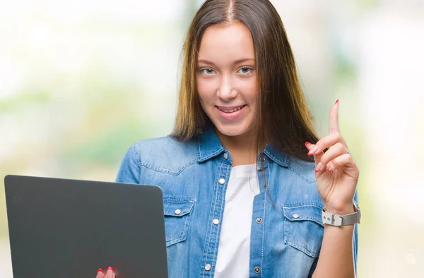 Mujer Caucásica Joven Usando Ordenador Portátil Sobre Fondo Aislado Sorprendido —  Fotos de Stock