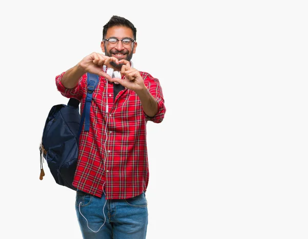 Estudiante Hispano Adulto Con Auriculares Mochila Sobre Fondo Aislado Sonriendo —  Fotos de Stock