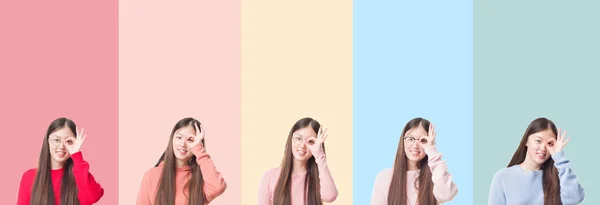 Collage Von Schönen Asiatischen Frau Über Bunte Streifen Isolierten Hintergrund — Stockfoto