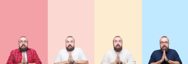 Kolaj yalvarıyor ve umut ifade yüzünde çok duygusal ve endişe ile birlikte elleriyle dua renkli çizgili izole arka plan üzerinde sakallı genç adam. Bağışlanmak. Din kavramı.