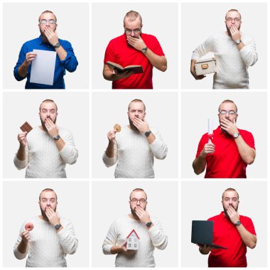 Hata, korku, sessizlik içinde gizli kavramı korkmuş ifade için utanç ile derecesi, izole arka kapak ağız el ile üzerinden dizüstü kullanarak tutan genç adam yeme kolaj, şok