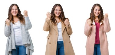 Kolaj artı boyutu kadın giyiyor kış ceket izole arka plan çok mutlu ve heyecanlı kaldırdı, gülümseyen ve başarı için çığlık silah ile kazanan jest yapıyor üzerinde güzel. Kutlama kavramı.