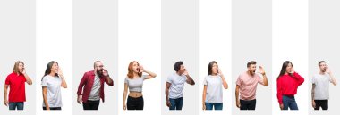 Farklı etnik genç insanlar bağırarak ve ağzı üzerinde el ile yan için çığlık beyaz çizgili izole arka plan üzerinde kolaj. İletişim kavramı.